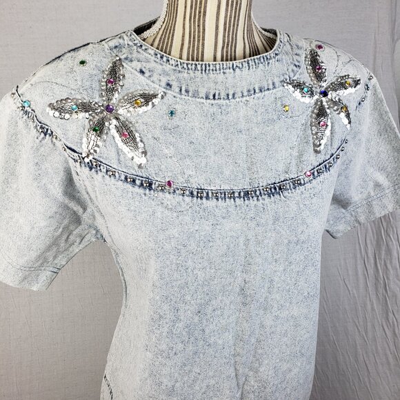 Vintage 80s 90s Andiamo Italia Boxy Dress Acid Wash Sequined Beaded size M Denim - Picture 4 of 12
